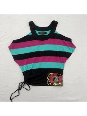 Vintage Y2K COOGI Striped Ruched Side Tie Top Rhinestone Off Shoulder Size M